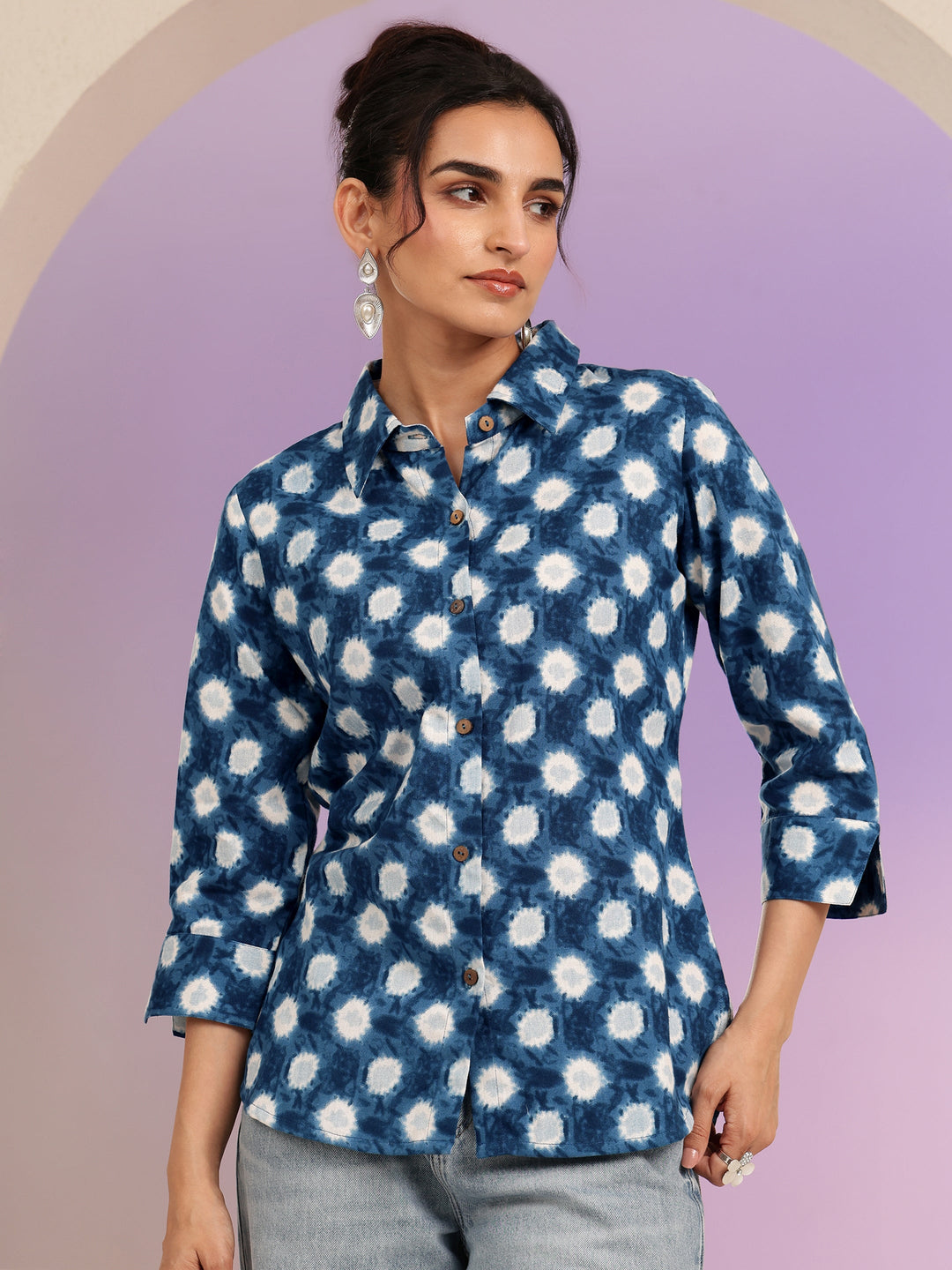  Blue Ikat Dot Printed Cotton Shirt 