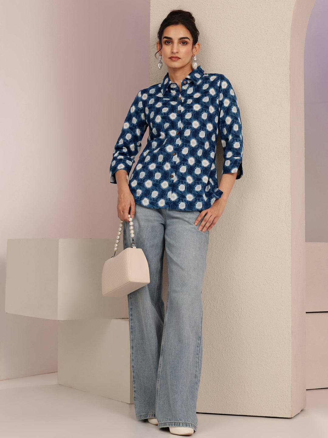  Blue Ikat Dot Printed Cotton Shirt 