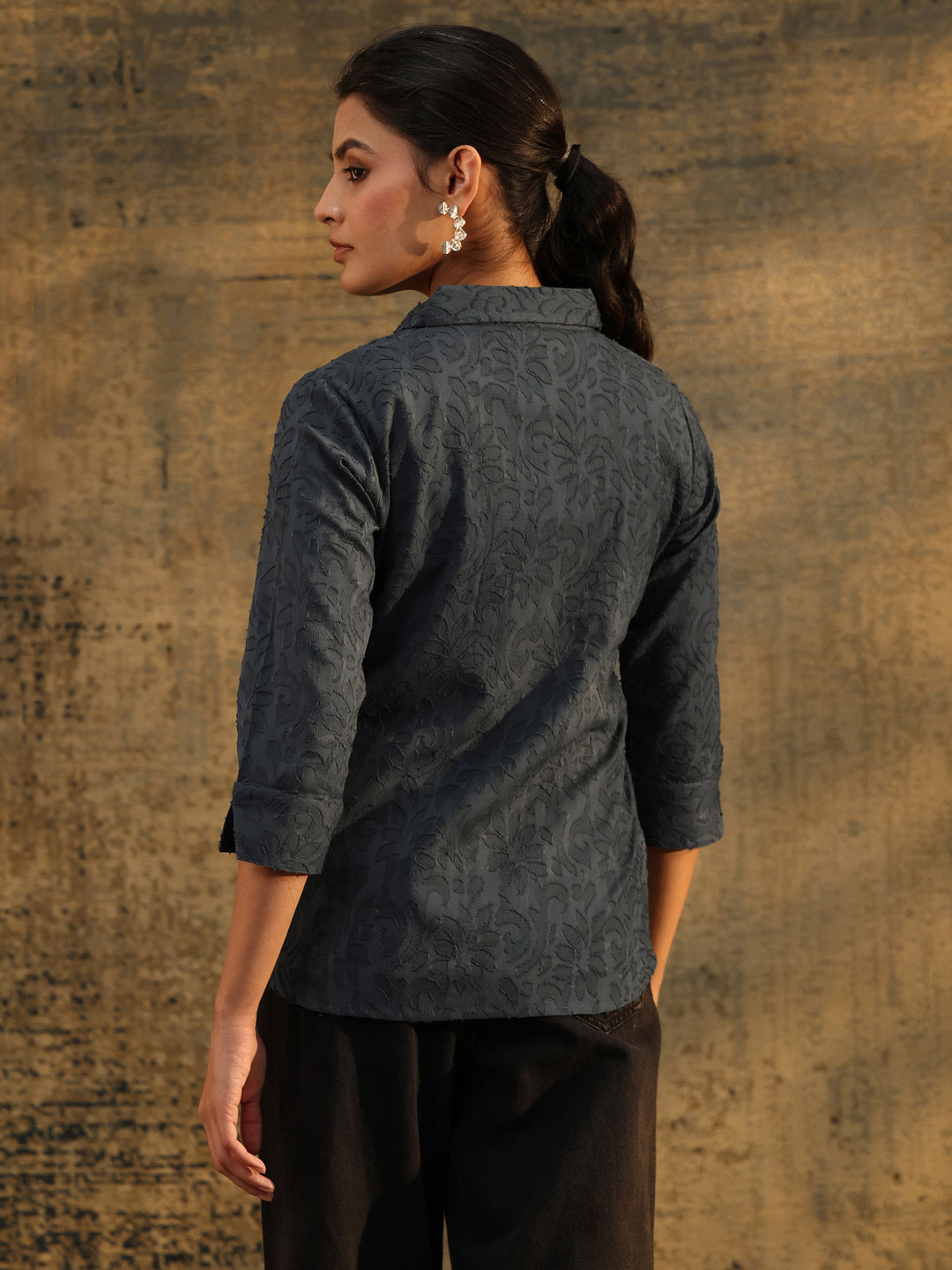  Libas Dark Grey Floral Textured Cotton Shirt 