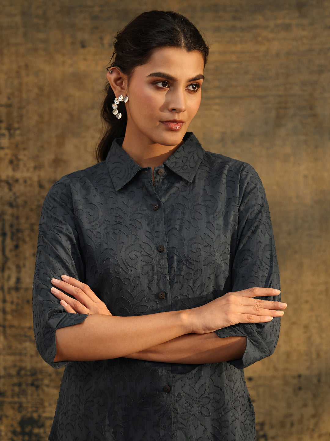  Libas Dark Grey Floral Textured Cotton Shirt 