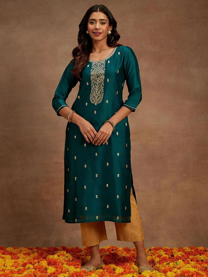 Teal Embroidered Silk Straight Kurta - Libas