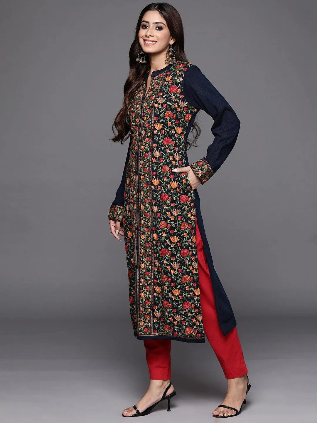 Blue Embroidered Wool Straight Kurta - Libas 