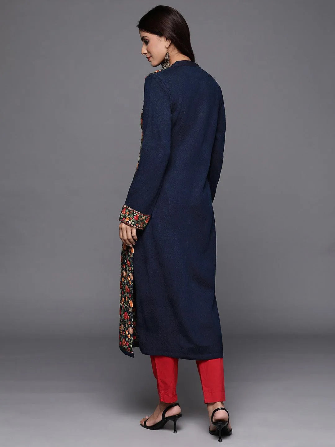 Blue Embroidered Wool Straight Kurta - Libas 