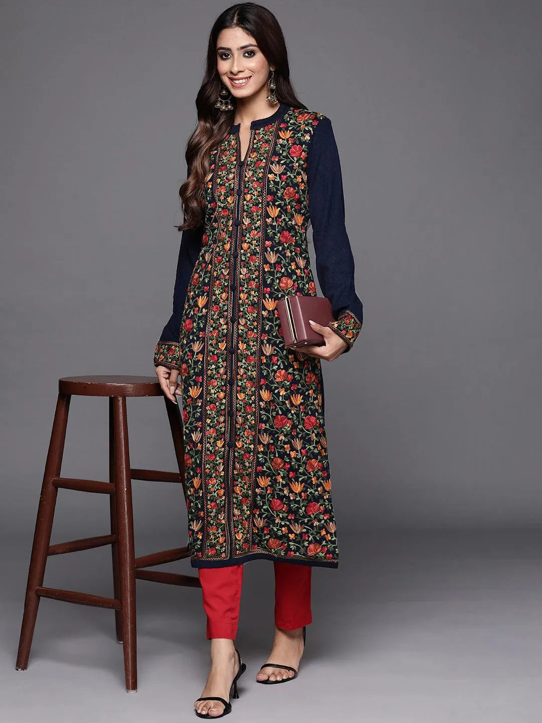 Blue Embroidered Wool Straight Kurta - Libas 
