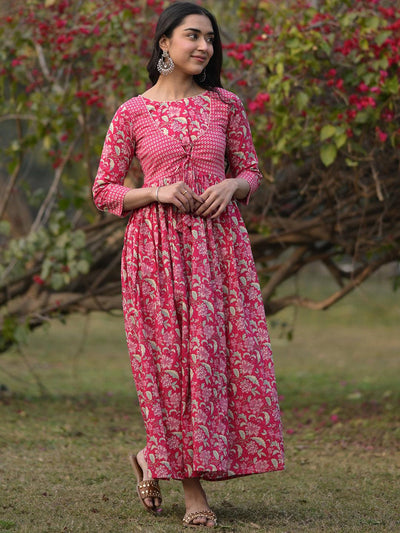Pink Printed Cotton Fit and Flared Dress - Libas