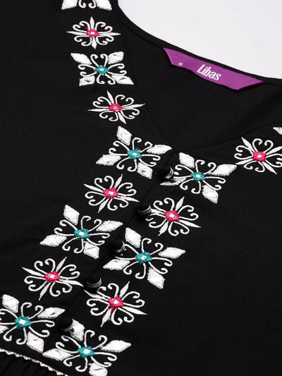 Black Embroidered Rayon Maxi Dress - Libas