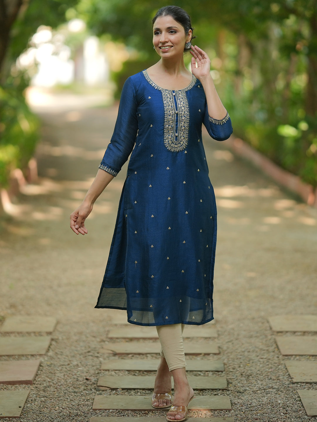 libas Teal Embroidered Silk Straight Kurta-picture-57