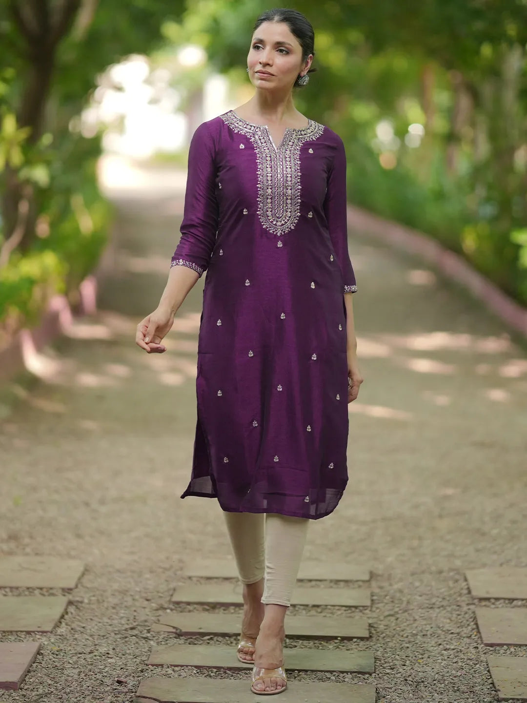 libas Wine Embroidered Silk Straight Kurta-picture-32