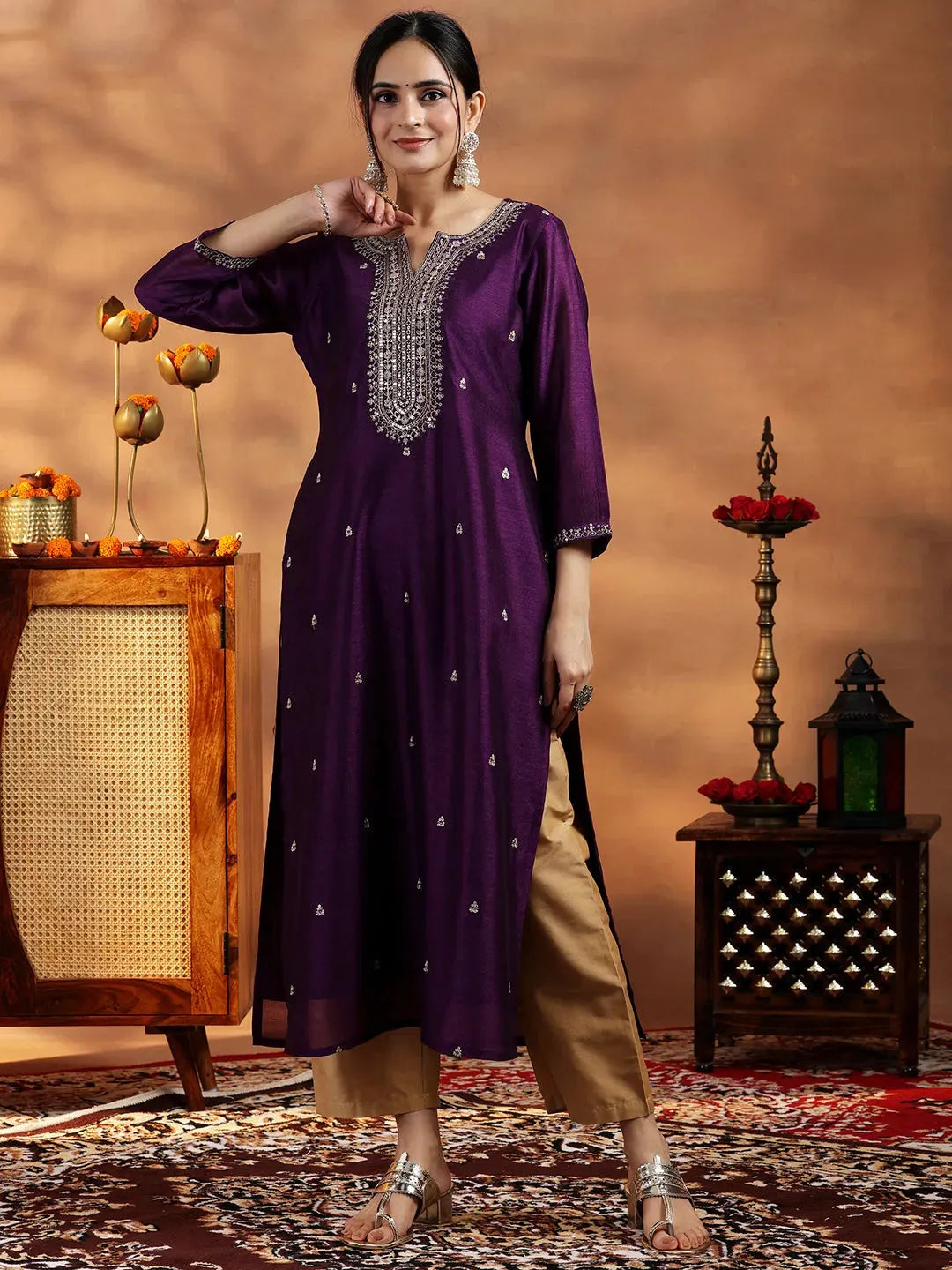  Wine Embroidered Silk Straight Kurta 