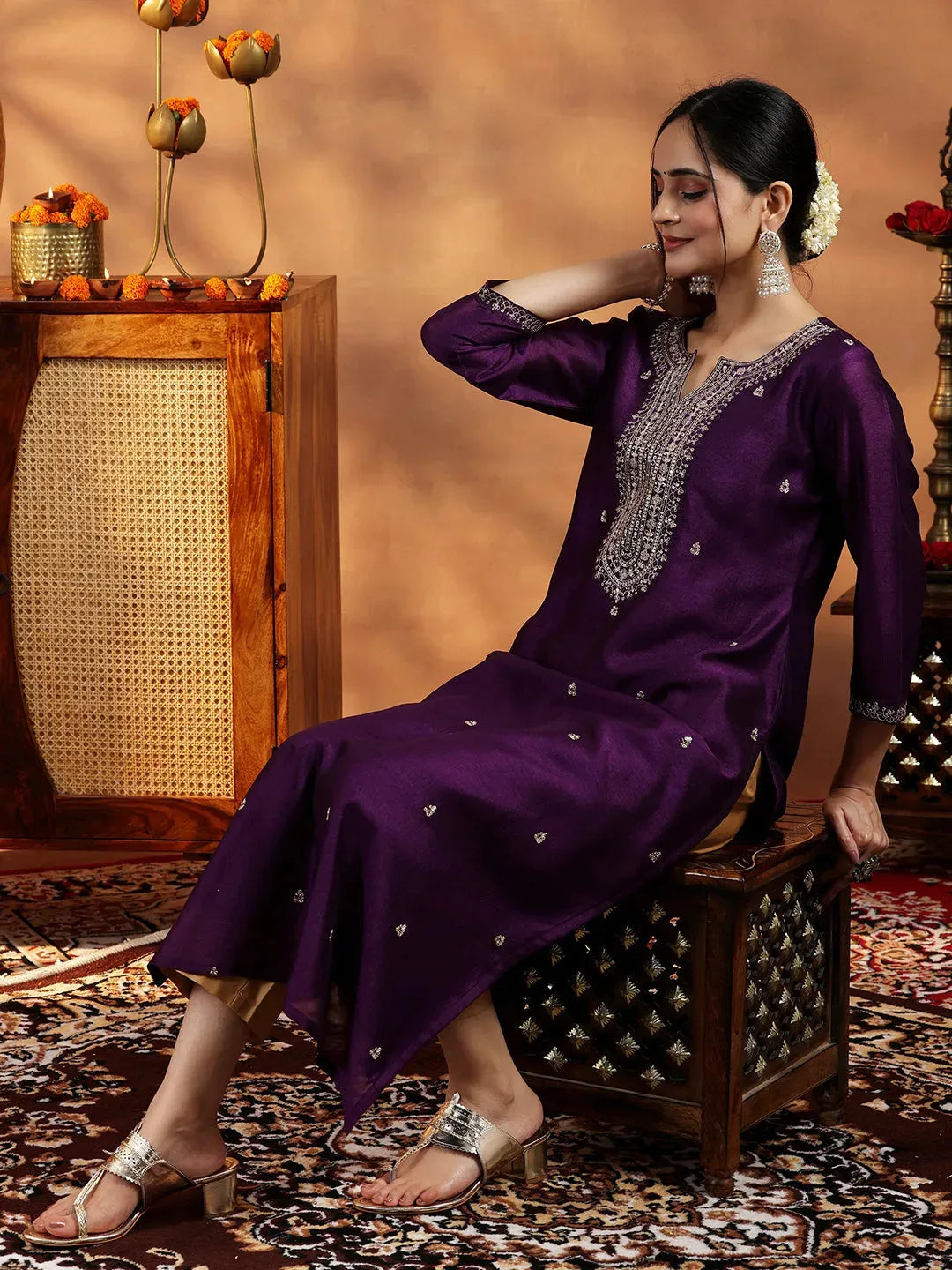  Wine Embroidered Silk Straight Kurta 