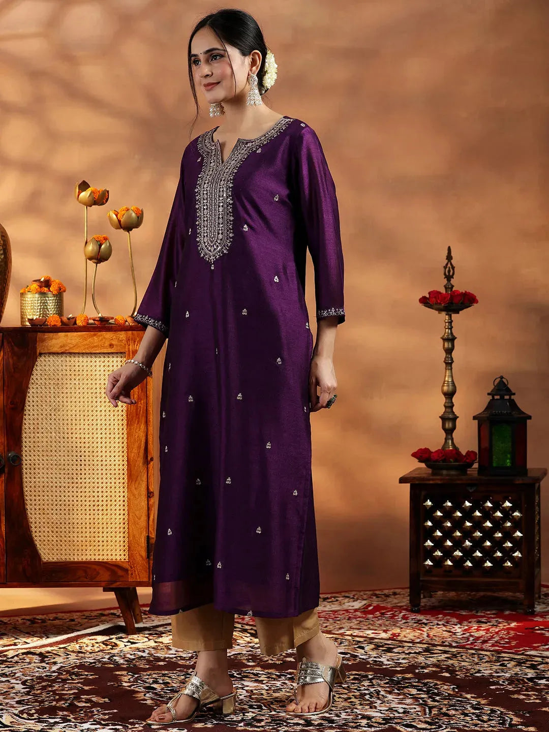  Wine Embroidered Silk Straight Kurta 