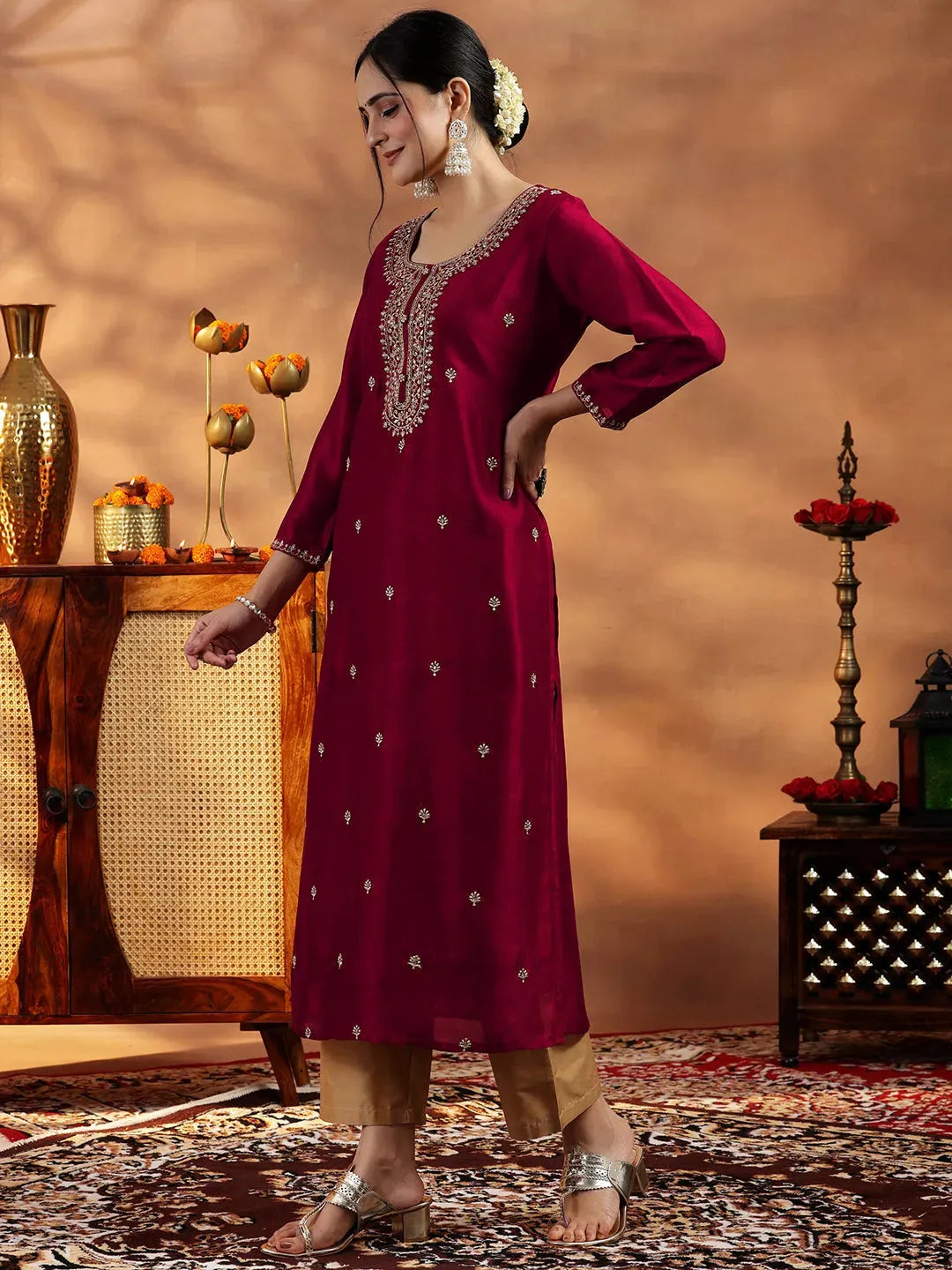  Maroon Embroidered Silk Straight Kurta 