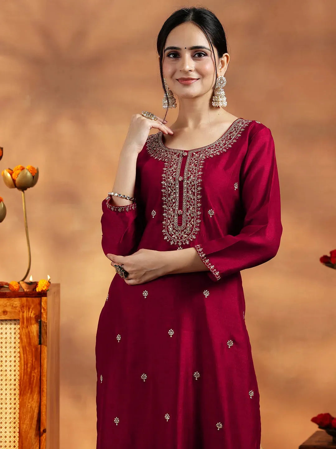  Maroon Embroidered Silk Straight Kurta 
