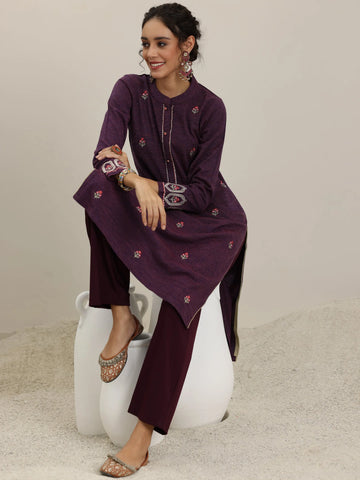 Libas Wine Embroidered Wool Straight Kurta