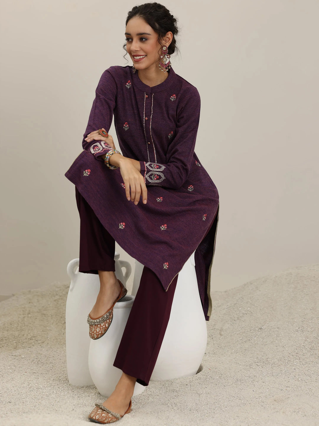  Wine Embroidered Wool Straight Kurta 