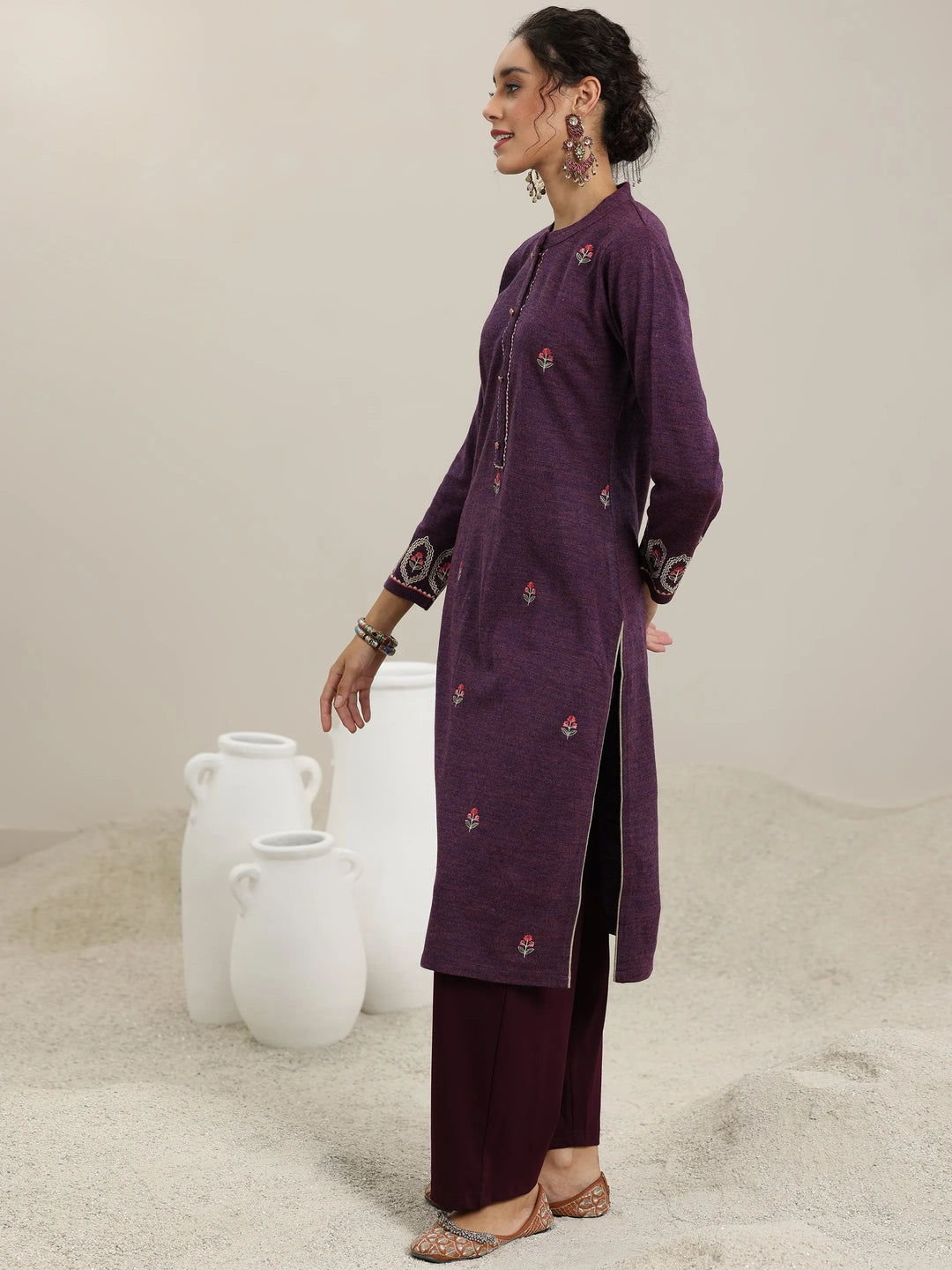  Wine Embroidered Wool Straight Kurta 