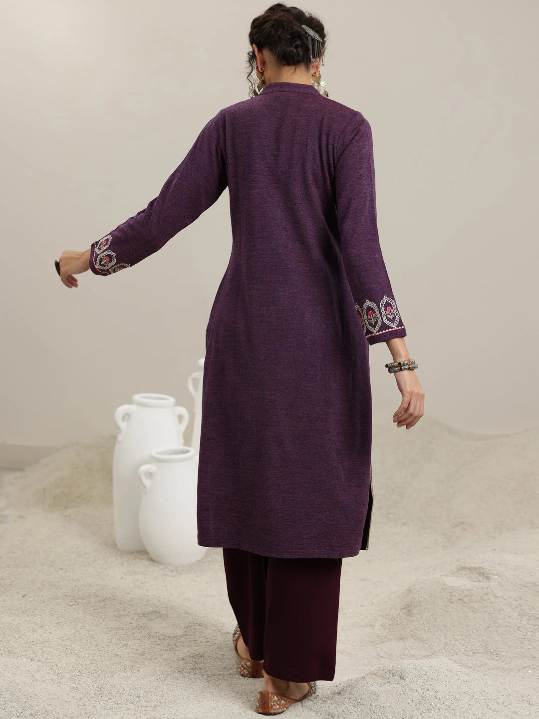  Wine Embroidered Wool Straight Kurta 