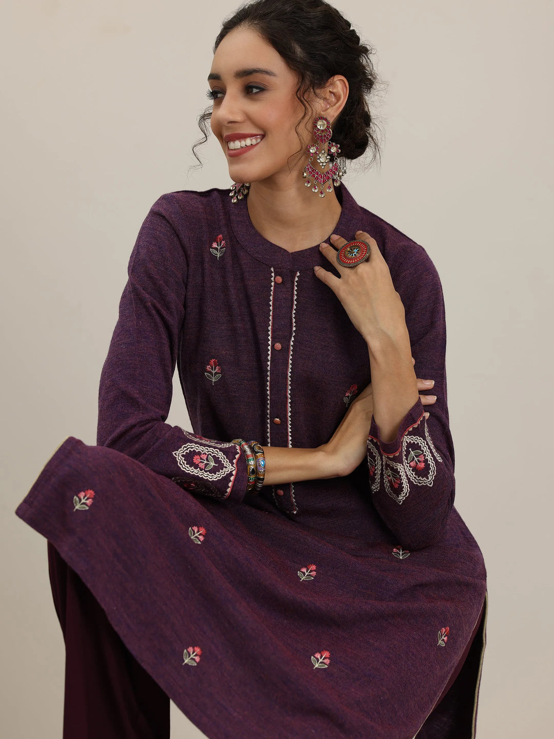  Wine Embroidered Wool Straight Kurta 