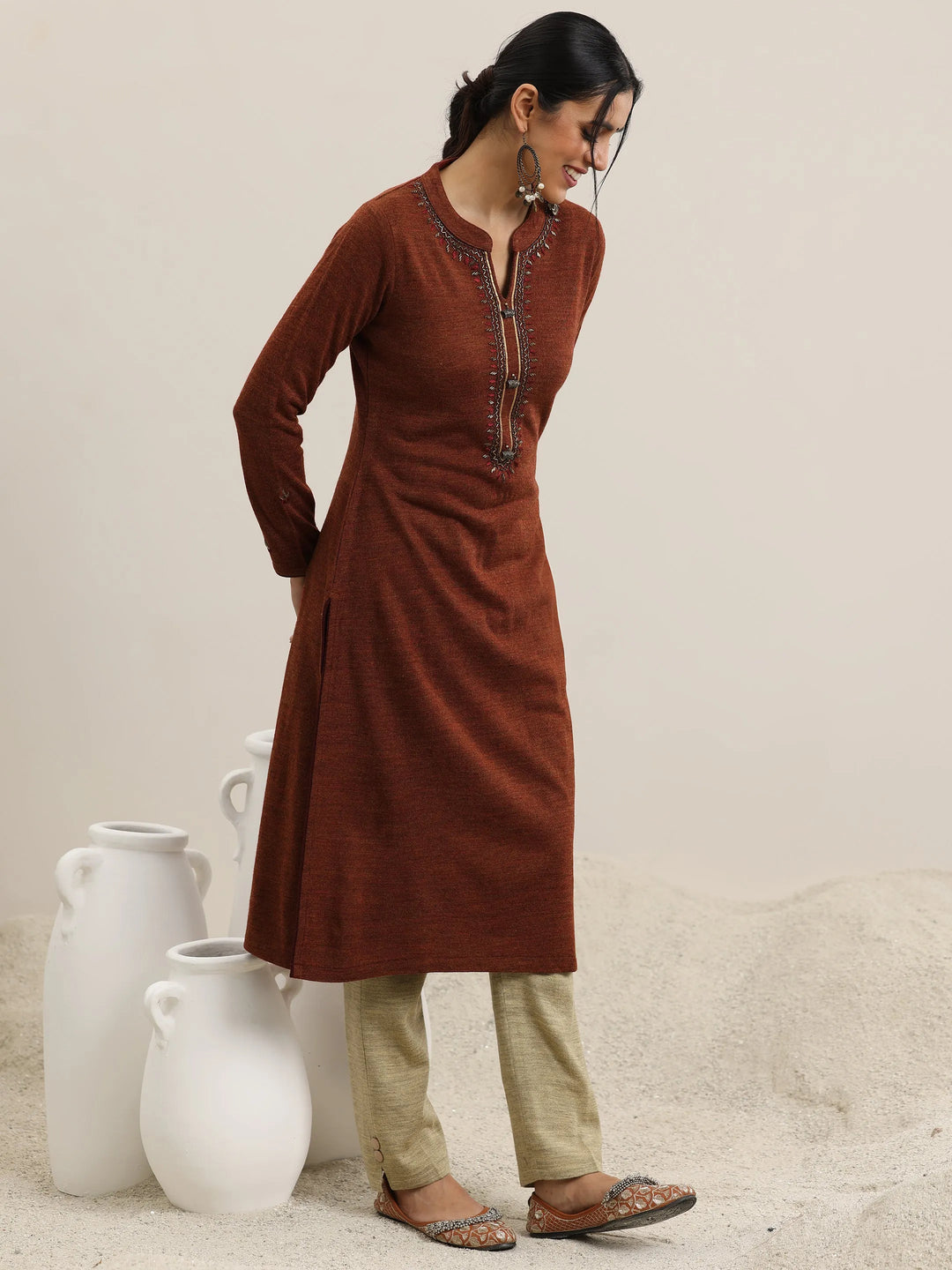  Rust Yoke Design Wool Straight Kurta 