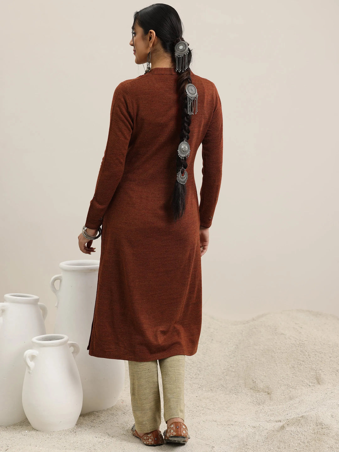  Rust Yoke Design Wool Straight Kurta 