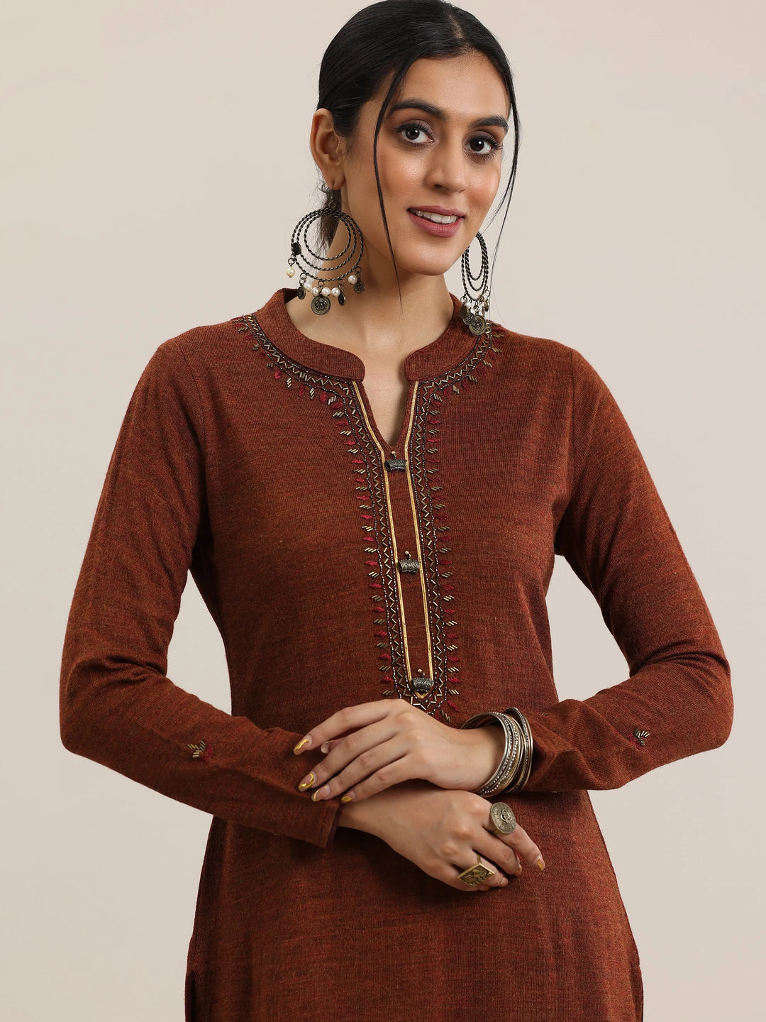  Rust Yoke Design Wool Straight Kurta 