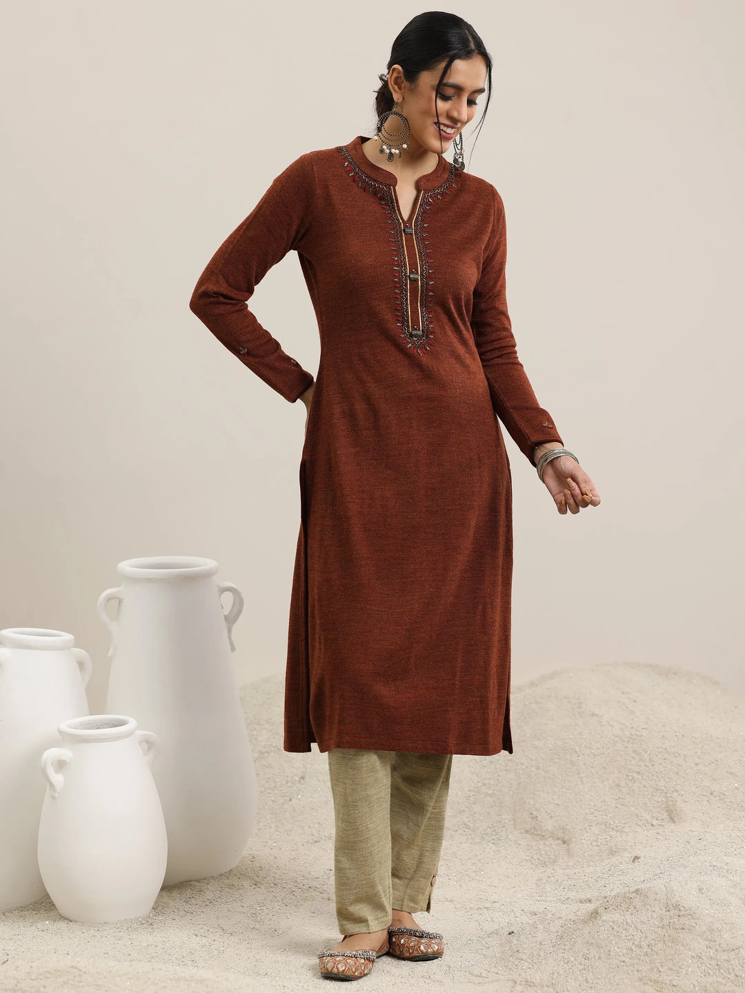  Rust Yoke Design Wool Straight Kurta 