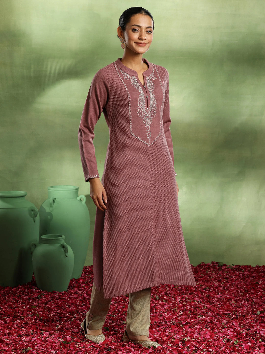  Pink Yoke Design Wool Straight Kurta 