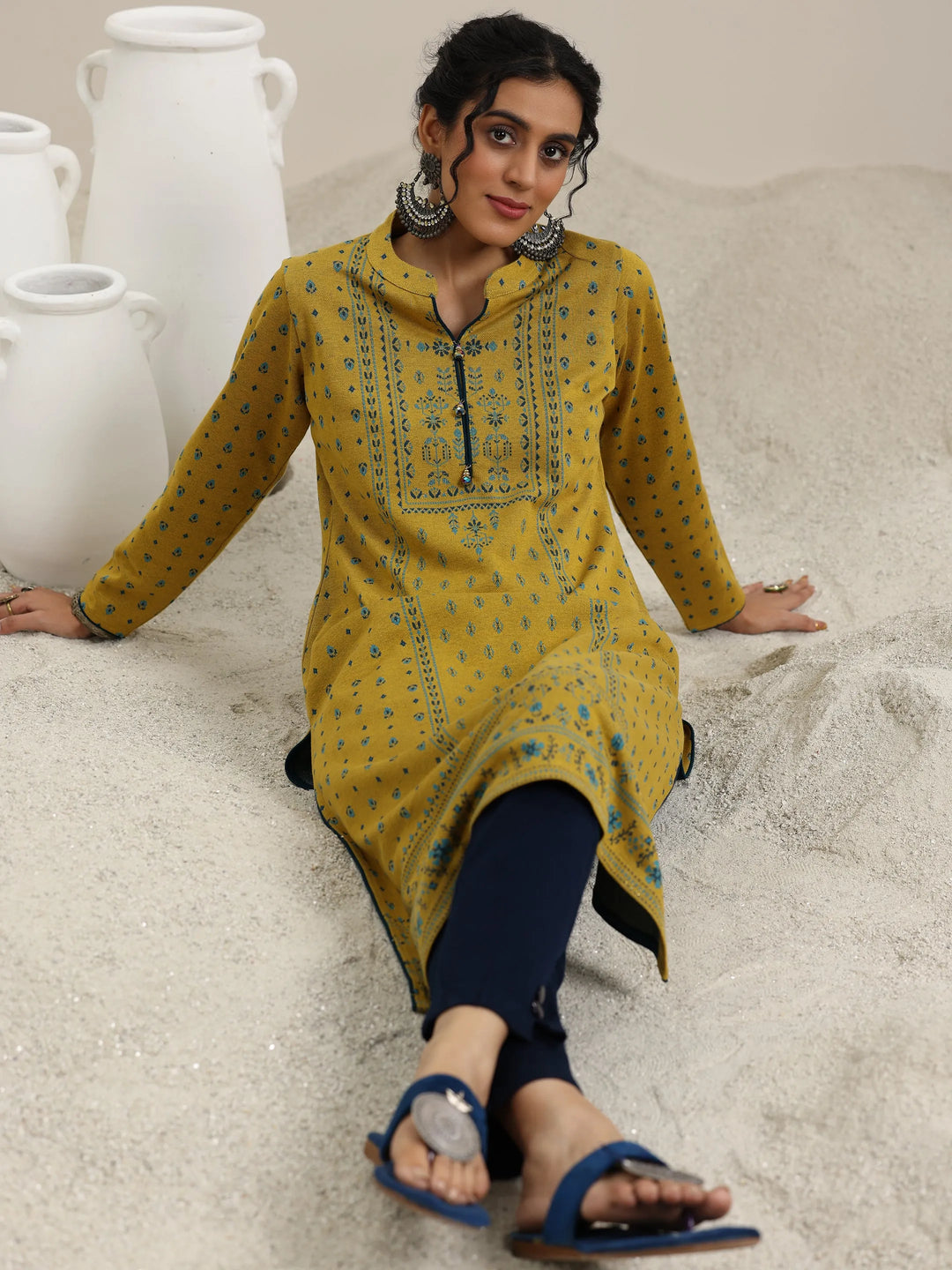  Mustard Woven Design Wool Straight Kurta 