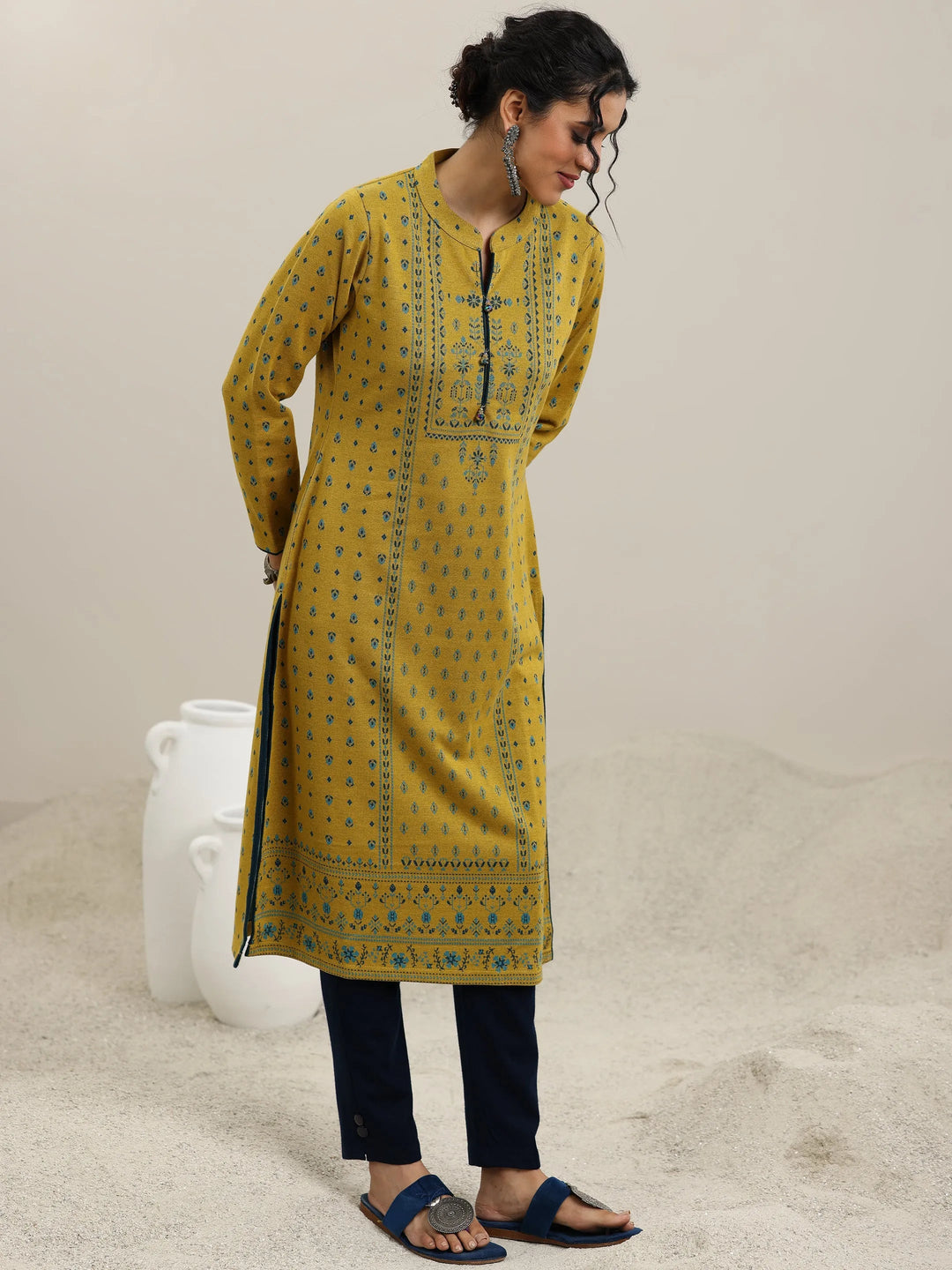  Mustard Woven Design Wool Straight Kurta 