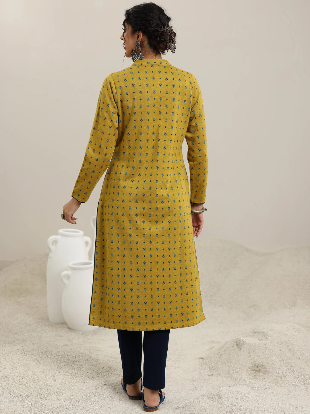  Mustard Woven Design Wool Straight Kurta 
