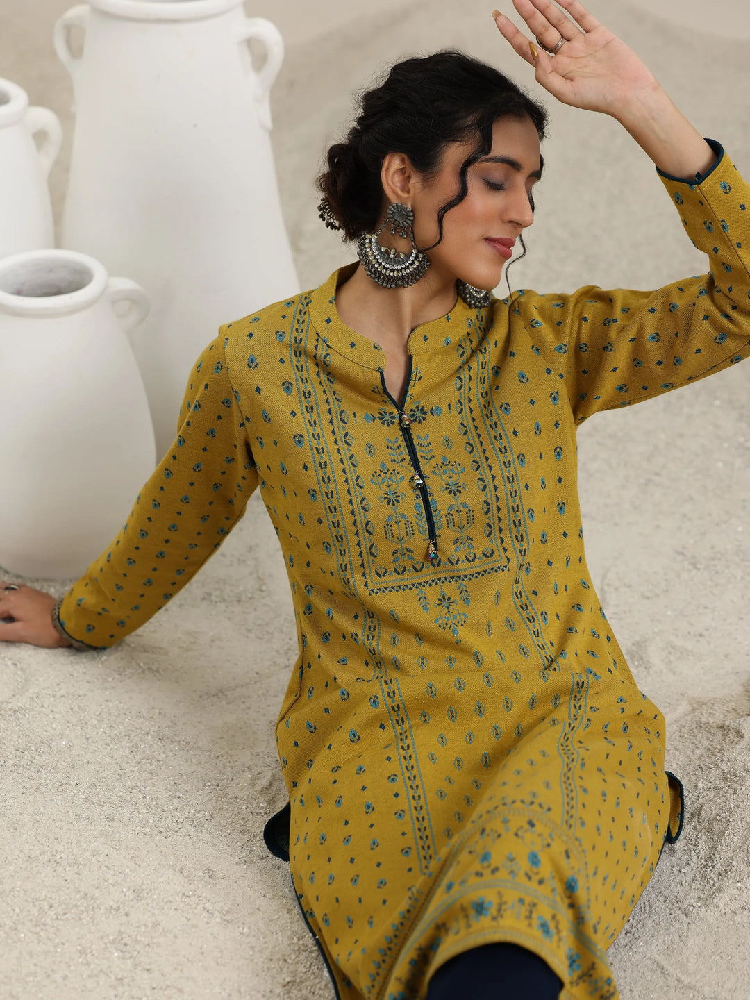  Mustard Woven Design Wool Straight Kurta 