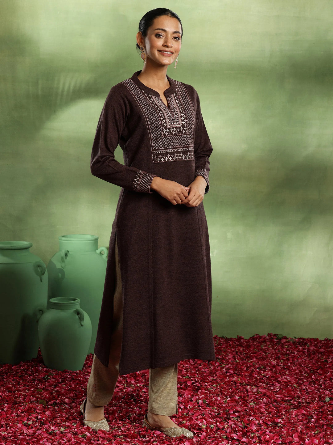  Brown Yoke Design Wool Straight Kurta 