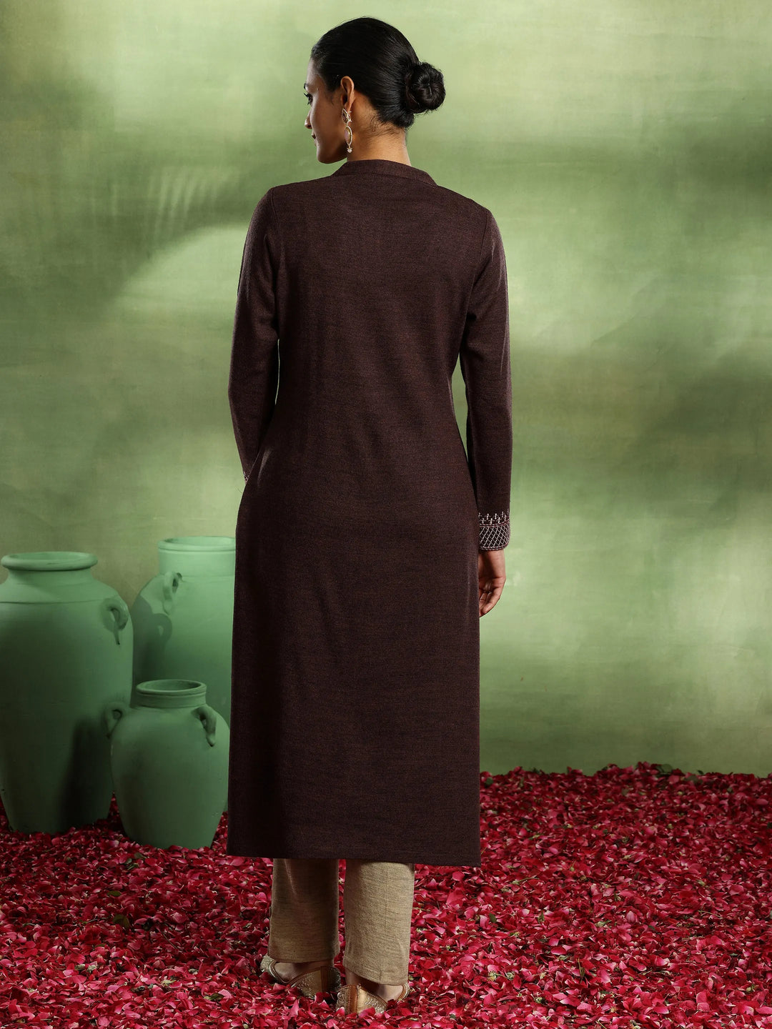  Brown Yoke Design Wool Straight Kurta 