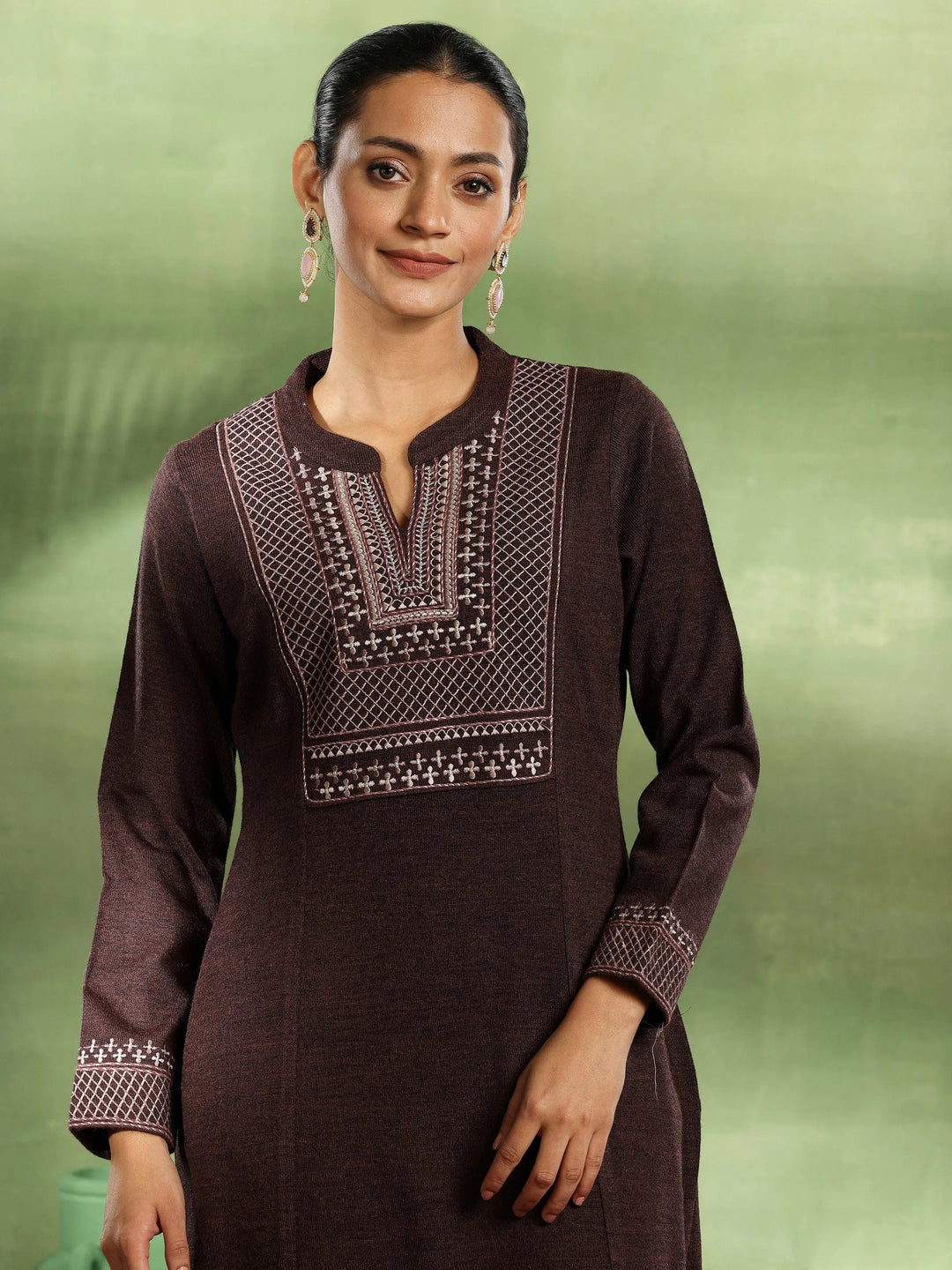  Brown Yoke Design Wool Straight Kurta 