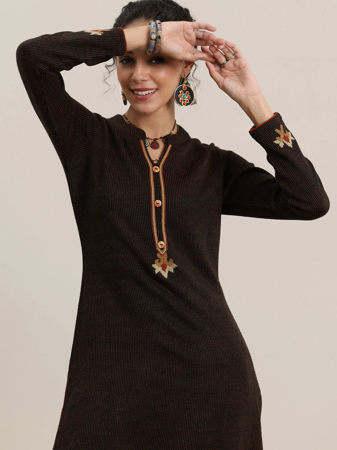  Black Embroidered Wool Straight Kurta 