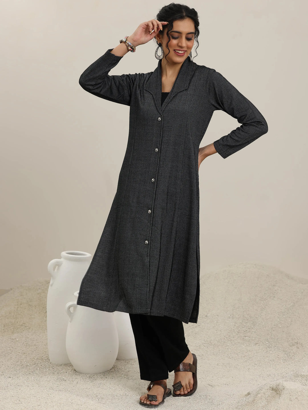  Black Woven Design Wool Straight Kurta 