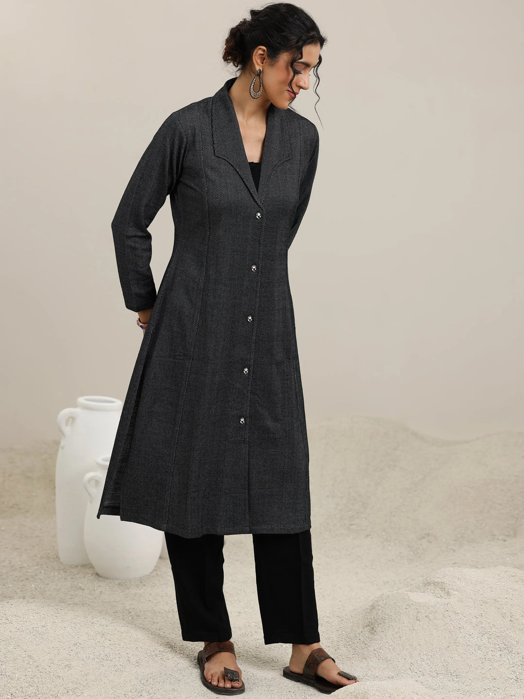  Black Woven Design Wool Straight Kurta 