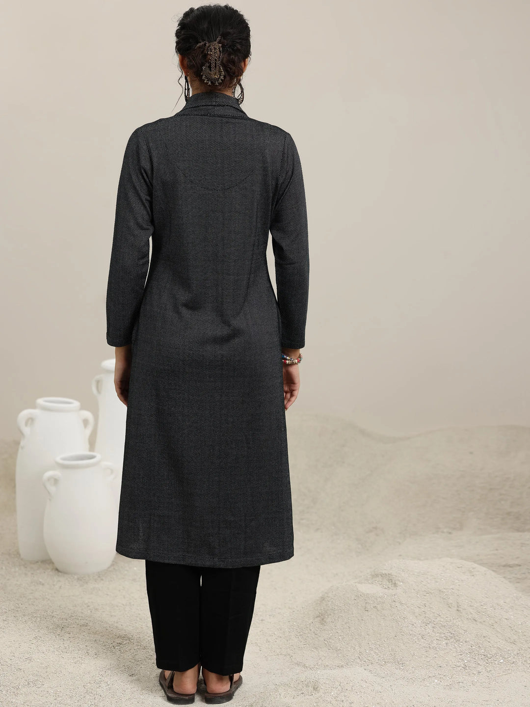  Black Woven Design Wool Straight Kurta 