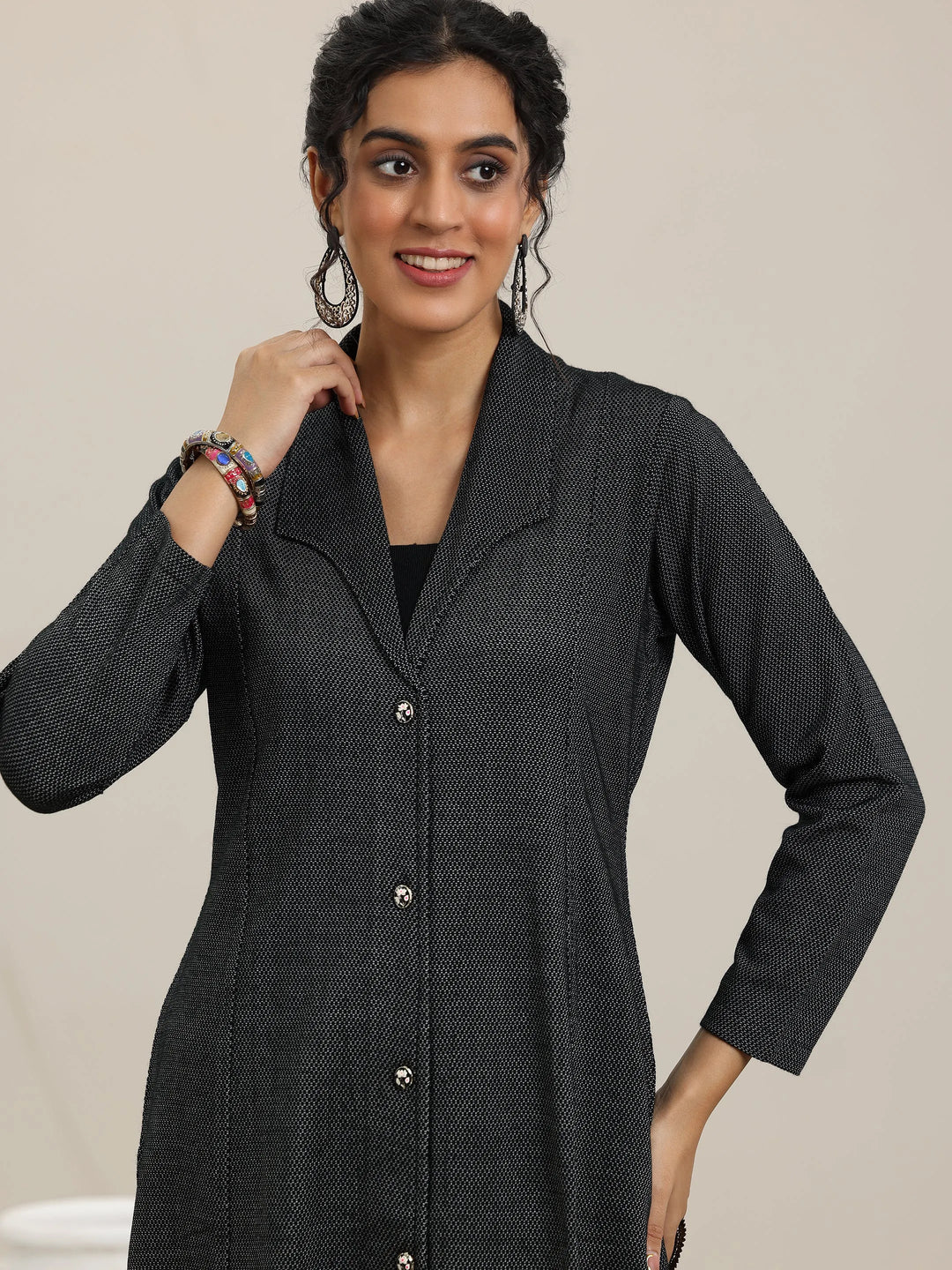  Black Woven Design Wool Straight Kurta 