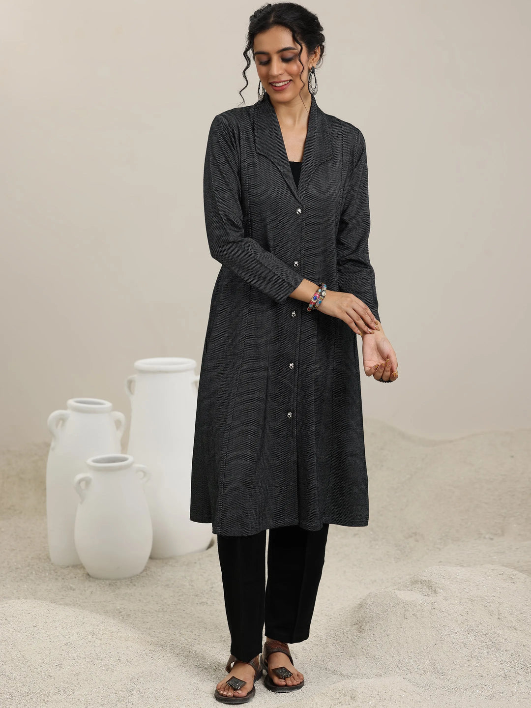  Black Woven Design Wool Straight Kurta 