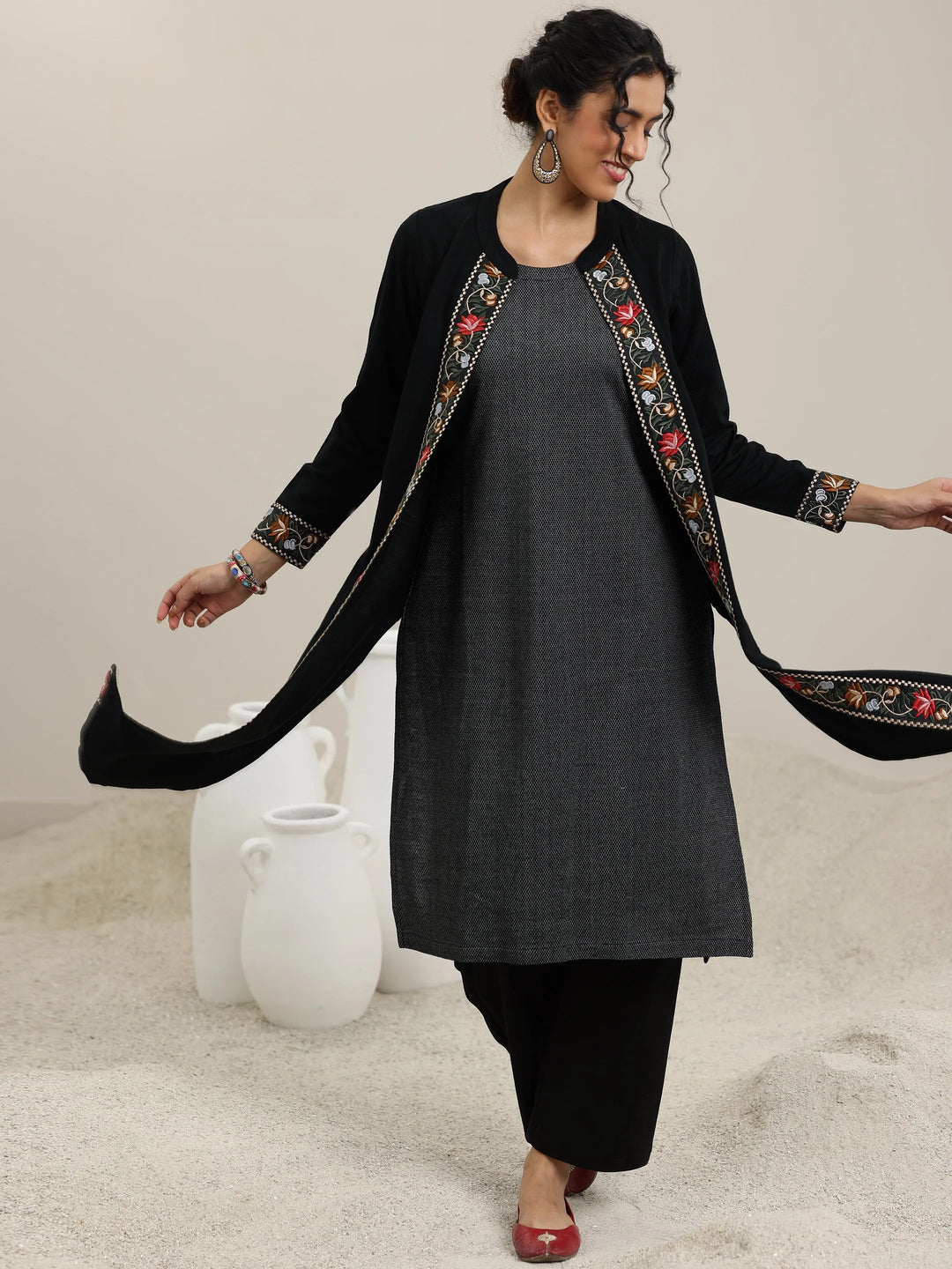  Black Embroidered Wool Straight Kurta 
