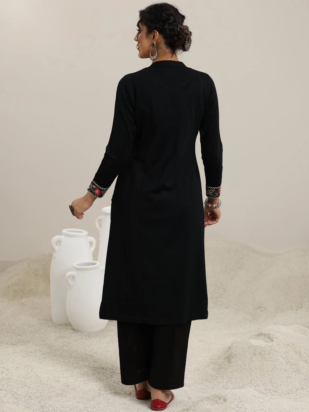  Black Embroidered Wool Straight Kurta 