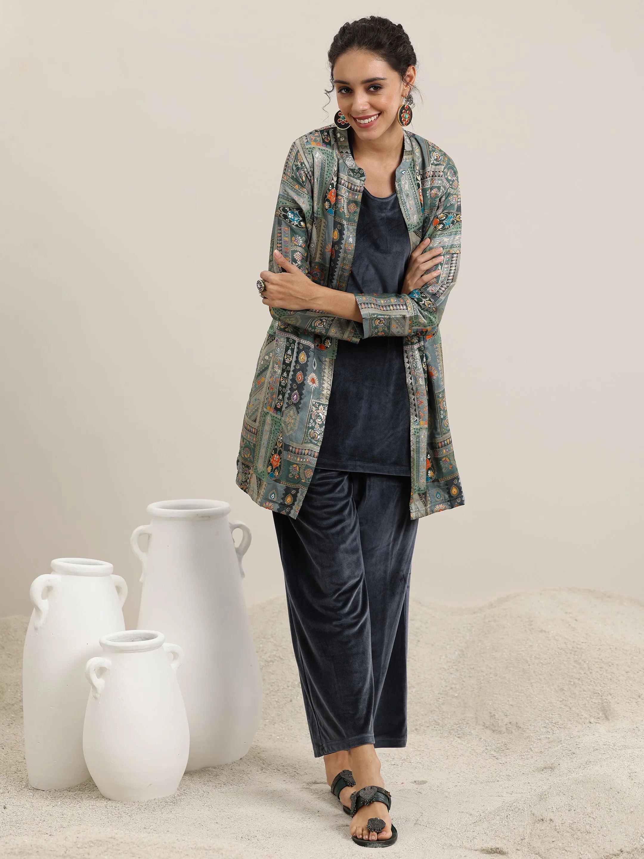 Grey Solid Velvet 3 Piece Co-Ords-image-24