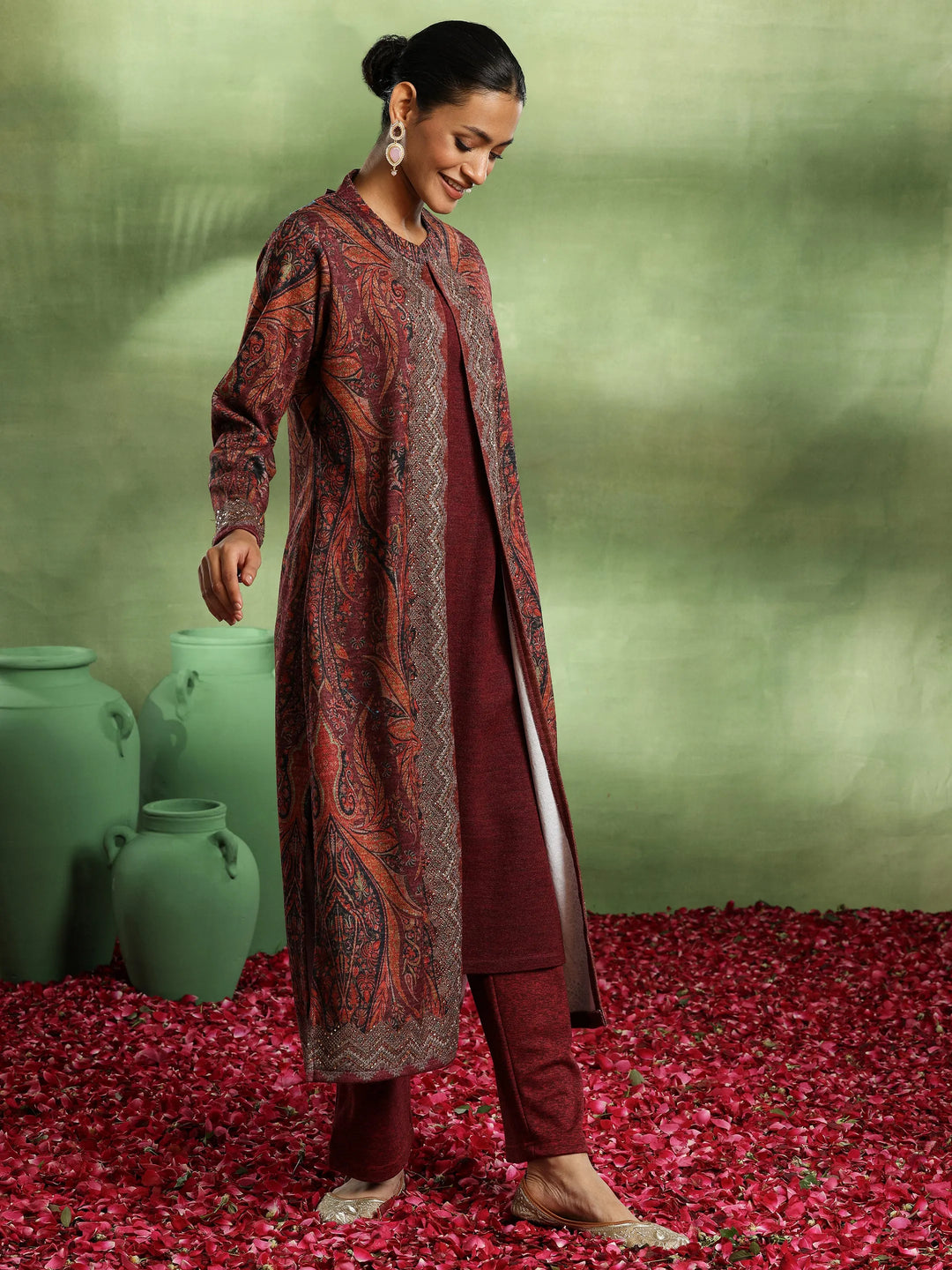  Maroon Printed Wool Straight Kurta 