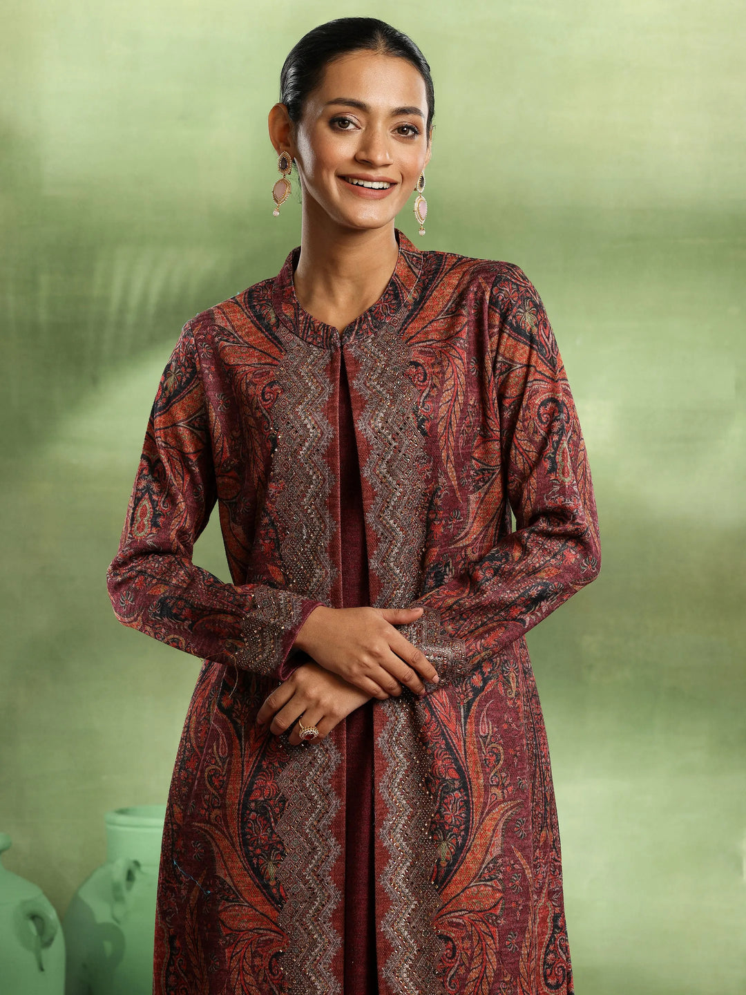  Maroon Printed Wool Straight Kurta 
