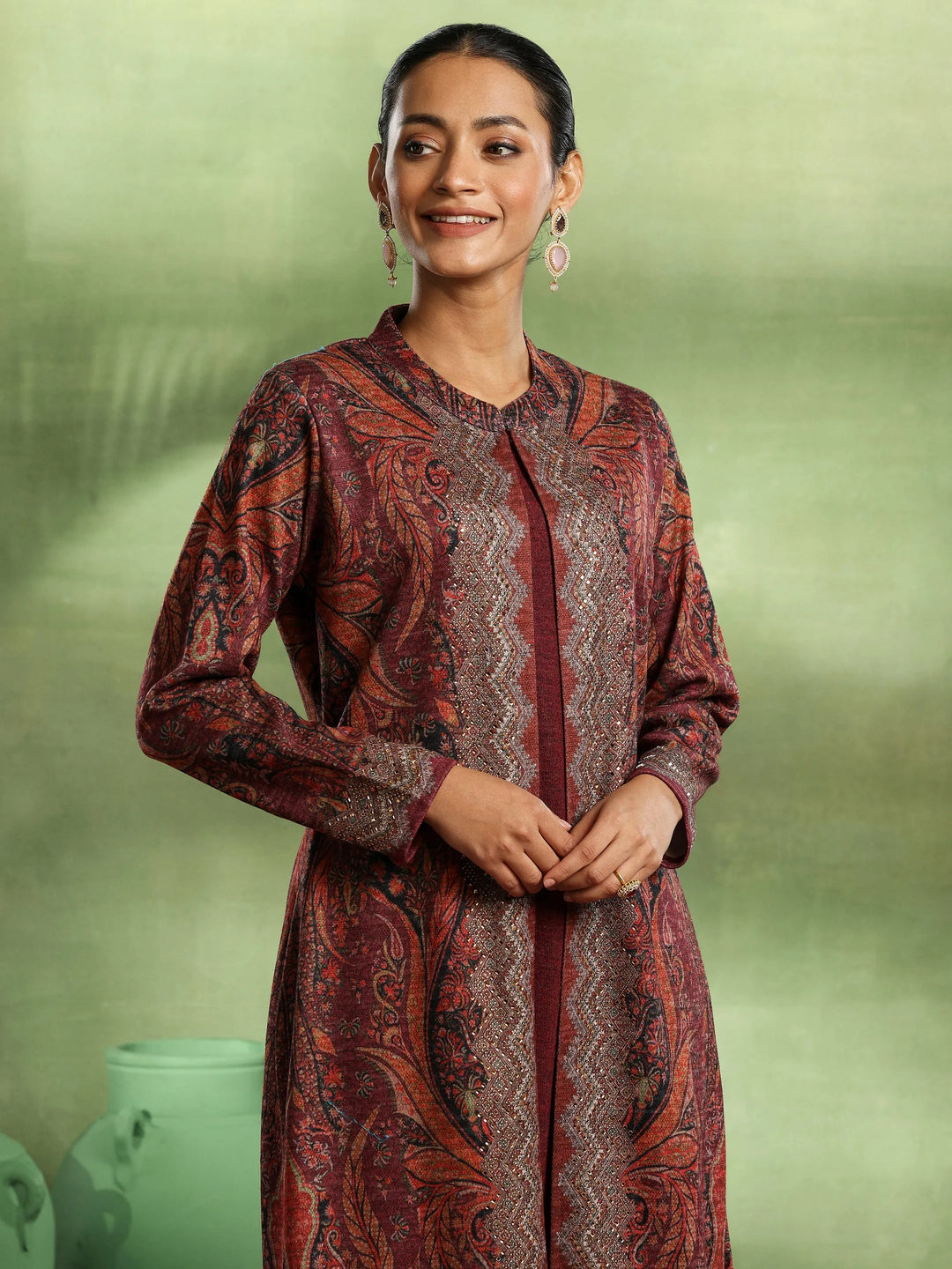  Maroon Printed Wool Straight Kurta 