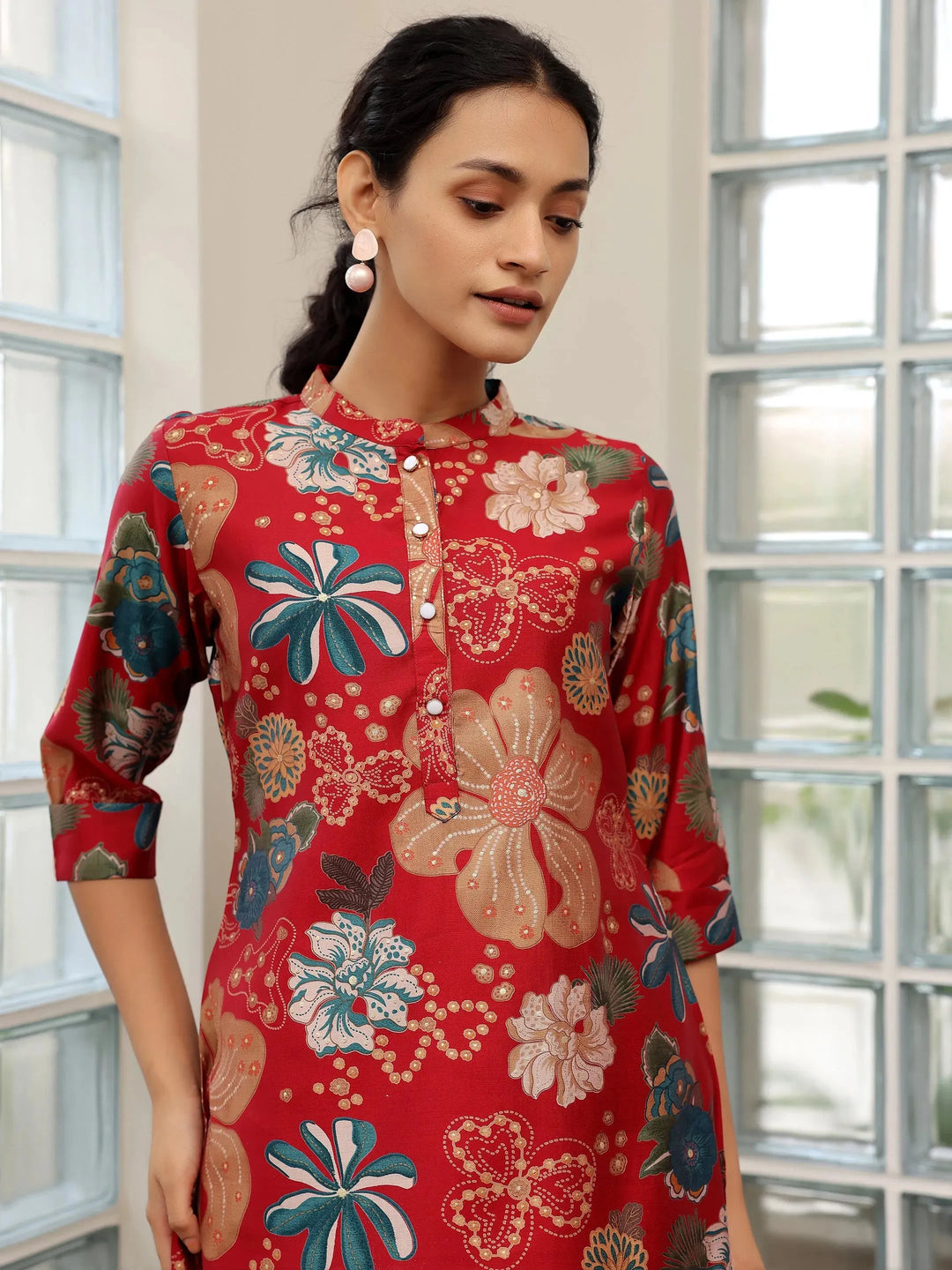  Pink Printed Silk Blend Straight Kurti 