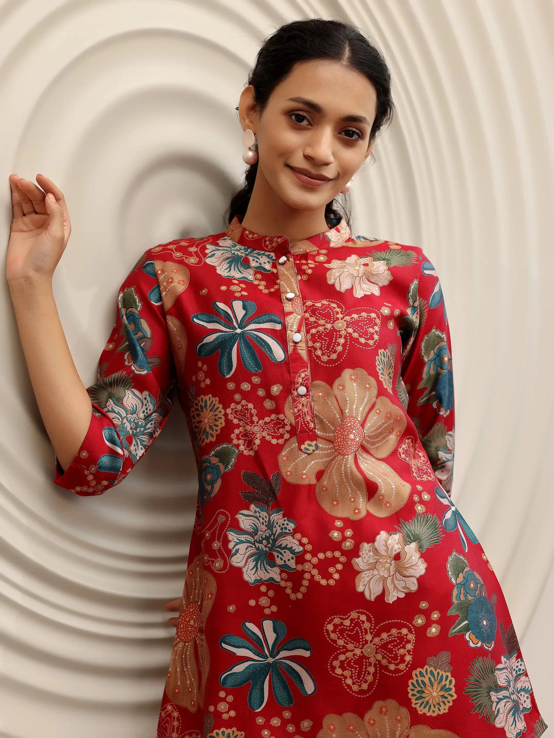  Pink Printed Silk Blend Straight Kurti 