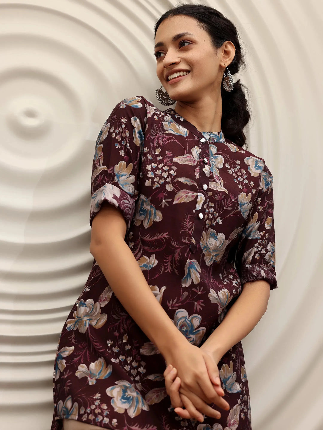  Wine Printed Silk Blend Straight Kurti 