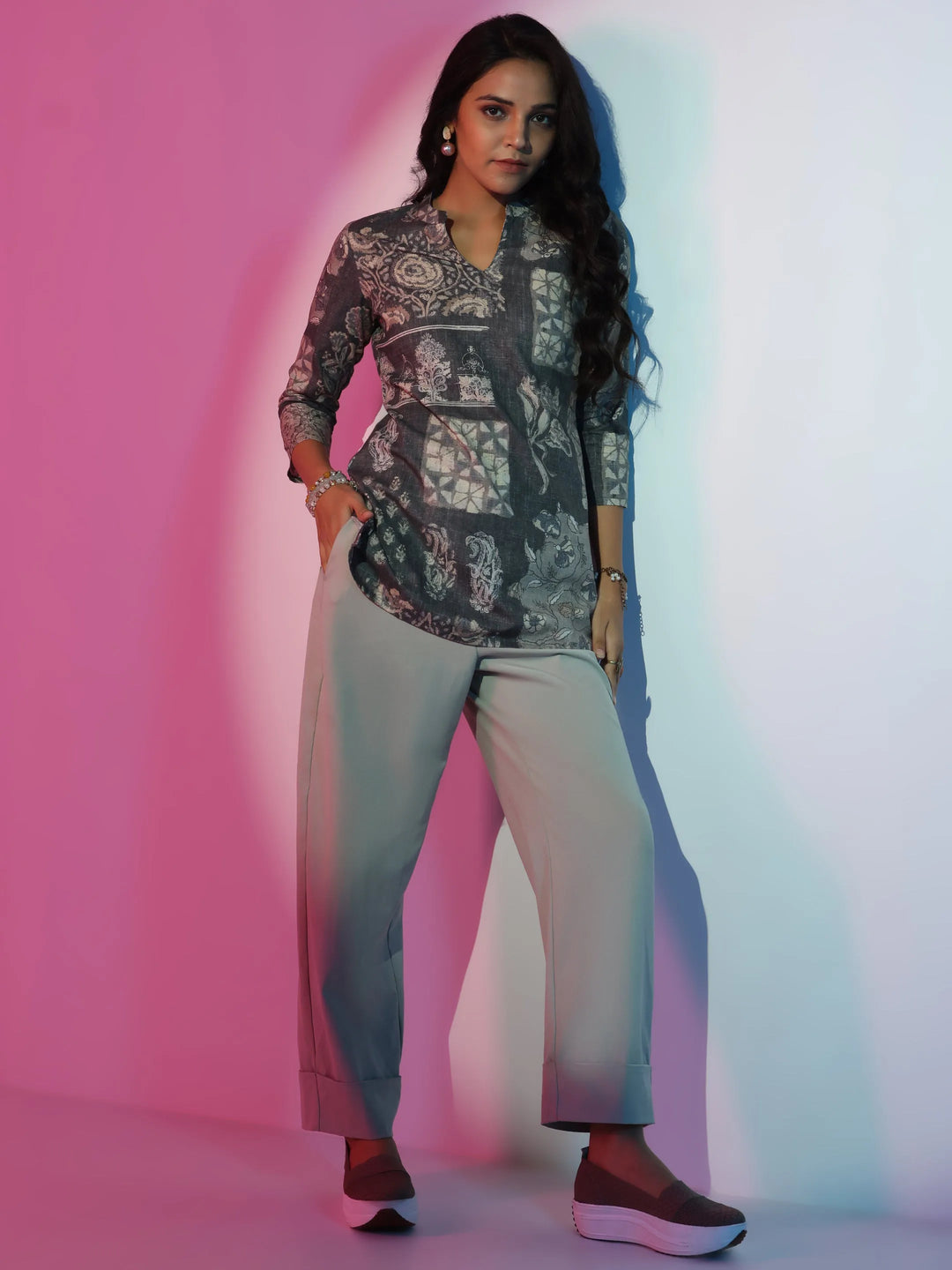  Grey Printed Cotton Blend Straight Kurti 